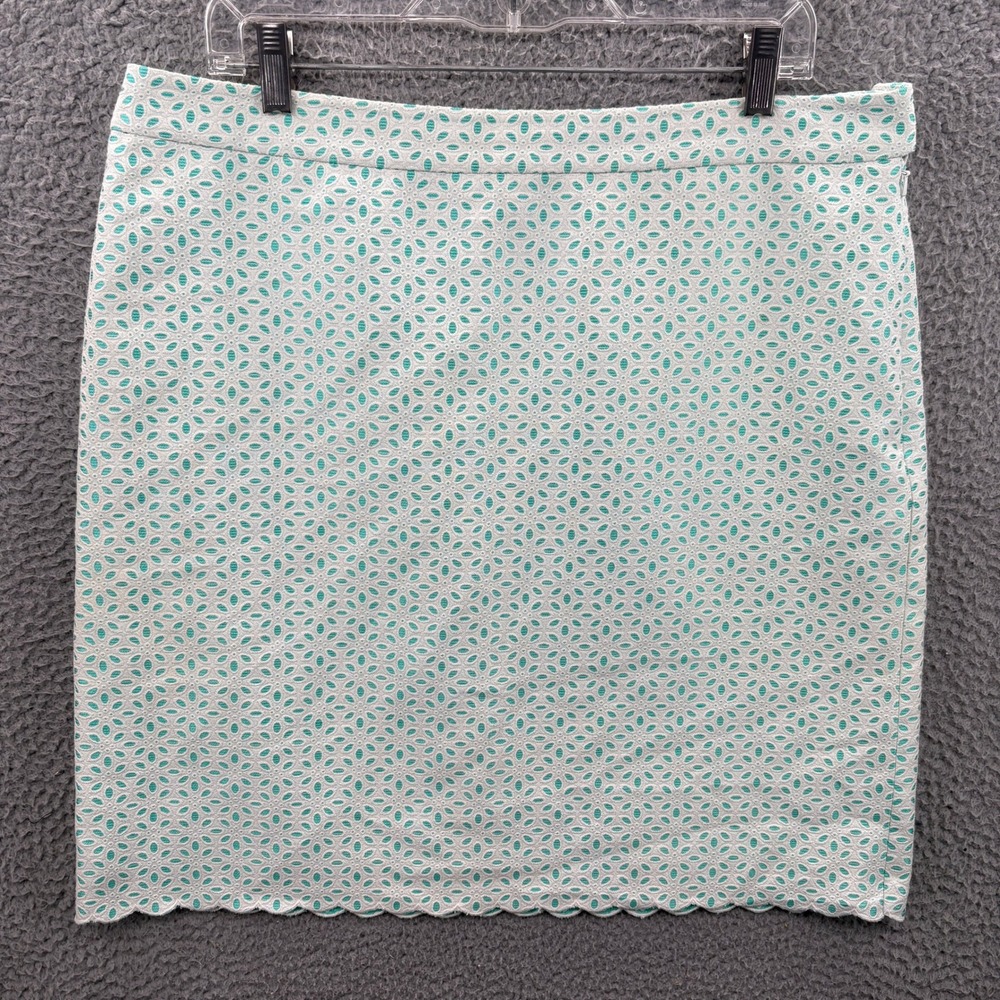 Brooks Brothers Pencil Skirt Womens 14 Teal White Eyelet Lace Scalloped Hem 346